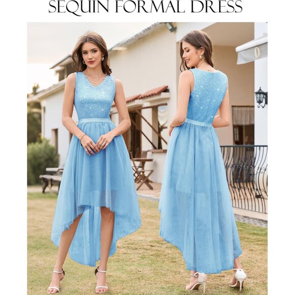 BeryLove Women Tulle Lightblue Chiffon Scoop Neck Sleeveless Cocktail Dresses - Picture 3 of 7